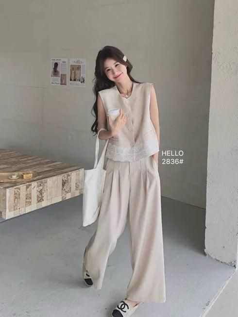 Women Classy Sleeves Lace Border Vest With Trouser Sets